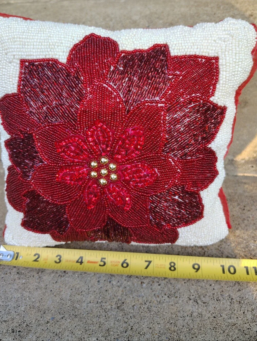 Vintage Christmas Beaded Poinsettia Throw Pillow Red White Gold Glass Seed Beads